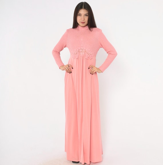 70s Pink Maxi Dress Knit Bodice Floral Lace Applique Mock Neck Long Sleeve Empire Waist A Line Blush Gown Coquette Balletcore Vintage Medium