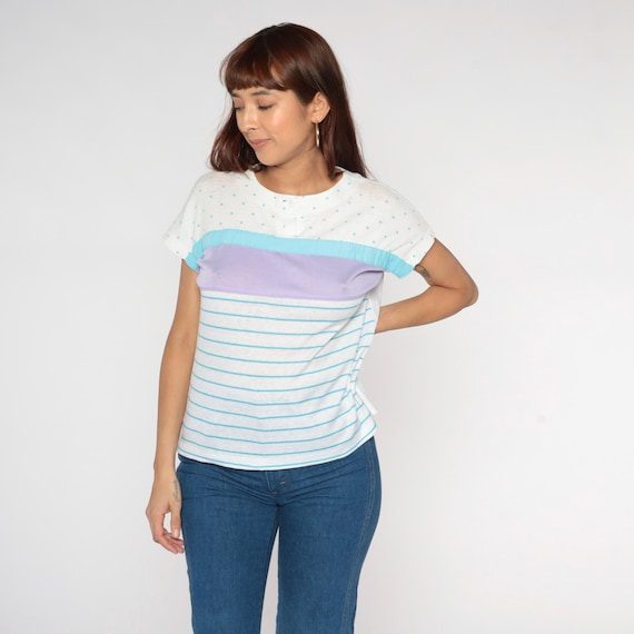 Pastel Tee 80s White Cotton Color Block Polka Dot Short Sleeve Vintage Striped Purple Aqua Blue Soft Sweet Style Preppy Cute Retro Medium M