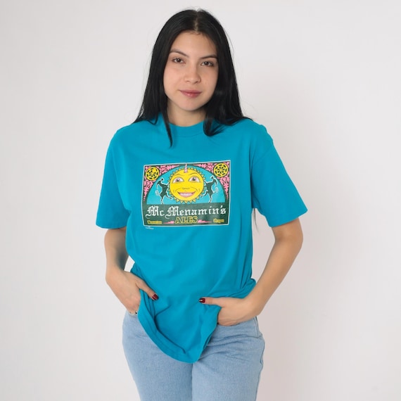 Vintage McMenamin's Ales T-Shirt 90s Blue Brewery Beaverton Oregon Beer Graphic Hanes Beefy Tee USA Made Medium M