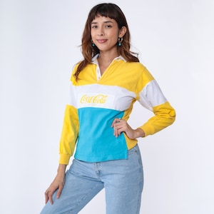 Coca Cola Shirt 90s Color Block Coke Polo Shirt Long Sleeve Graphic Tshirt 1990s Vintage Tee Spell Out Soda Blue Yellow White Extra Small xs