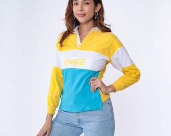 Coca Cola Shirt 90s Color Block Coke Polo Shirt Long Sleeve Graphic Tshirt 1990s Vintage Tee Spell Out Soda Blue Yellow White Extra Small xs