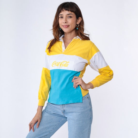 Coca Cola Shirt 90s Color Block Coke Polo Shirt Long Sleeve Graphic Tshirt 1990s Vintage Tee Spell Out Soda Blue Yellow White Extra Small xs