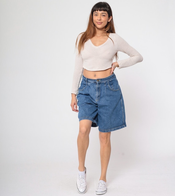 90s Jean Shorts Pleated Denim Shorts Retro High Waisted Mom Shorts Mid Length Blue Streetwear Vintage 1990s Large