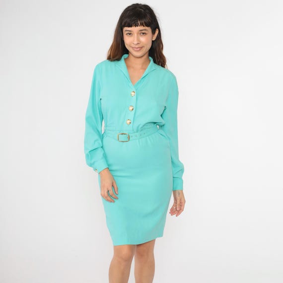 80s Pencil Dress Aqua Blue Button Up Midi Dress Long Sleeve Shirtdress High Waisted Belted Sheath Secretary Plain Vintage 1980s Small 4