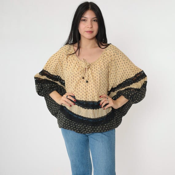70s Peasant Blouse Batwing Sleeve Lace Trim Boho Top Wide Sleeve Vintage 1970s Hippie Shirt Keyhole Tie Neck Bohemian Shirt Black Yellow OS