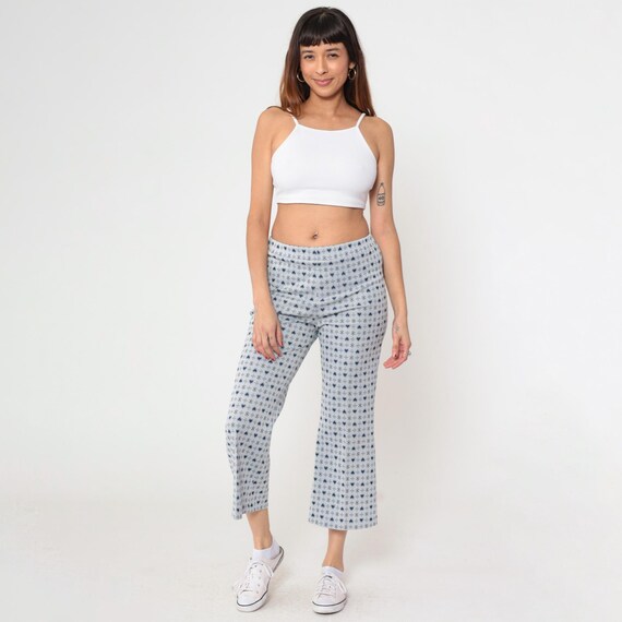 70s Heart Print Flared Pants Blue Grey Ankle Trousers High Waisted Bell Bottoms Seventies Cropped Flares Vintage 1970s Small Medium Short