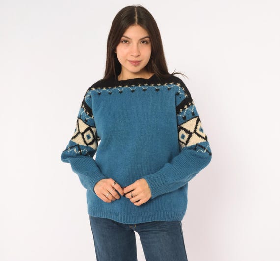 70s Fair Isle Sweater Teal Blue Wool Knit Black Cream Nordic Diamond Long Sleeve Chunky Ski Jumper Grandpa Cottagecore Vintage Top Medium M