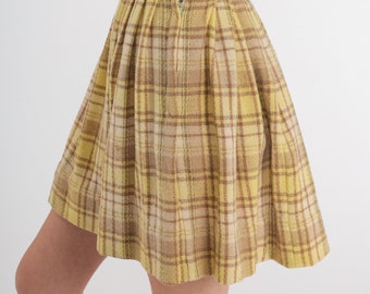 60s Mini Skirt Yellow Plaid Wool School Girl Skirt High Waisted Preppy Checkered Retro Lolita Uniform Girly Vintage 1960s Extra Small xs 24