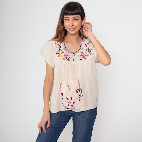 Y2k Mexican Top Cream Embroidered Floral Blouse Hippie Boho Shirt Cotton Tunic Bohemian Vintage Peasant Festival Retro 2xs xxs