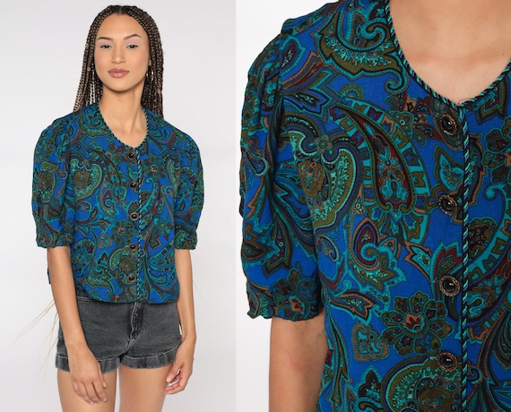 Paisley Shirt 80s Puff Sleeve Blouse Button Up Shirt Blue Short Sleeve Top Boho 1980s Shirt Vintage Secretary Medium