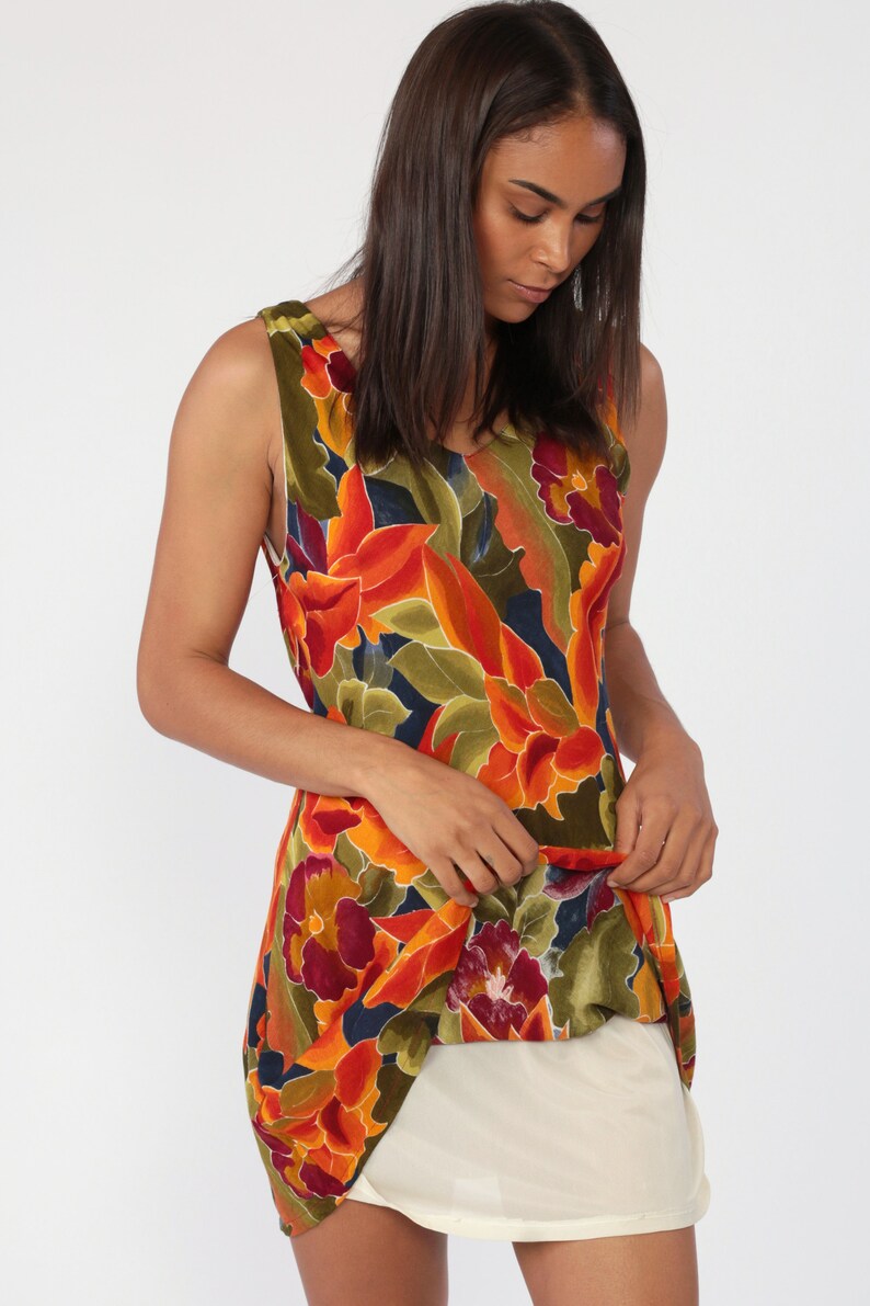Floral Summer Dress 90s Sundress Grunge Mini Red Orange Floral Sun Rayon V Neck Tropical 1990s Bohemian Vintage Shift Boho Sleeveless Medium