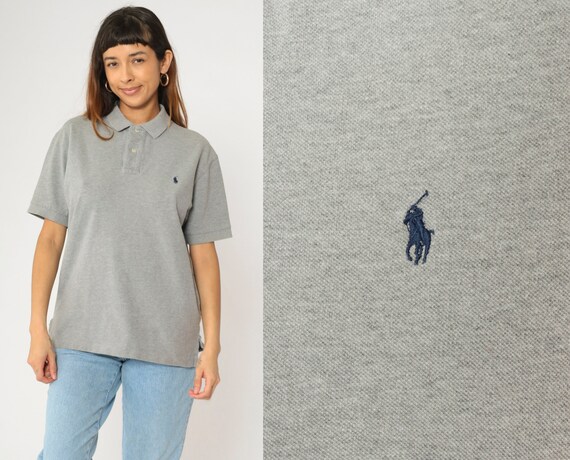 Ralph Lauren Polo Shirt 90s Grey Collared Shirt Quarter Button Up T-shirt Retro RLP Preppy Short Sleeve Top Cotton Vintage 1990s Medium M