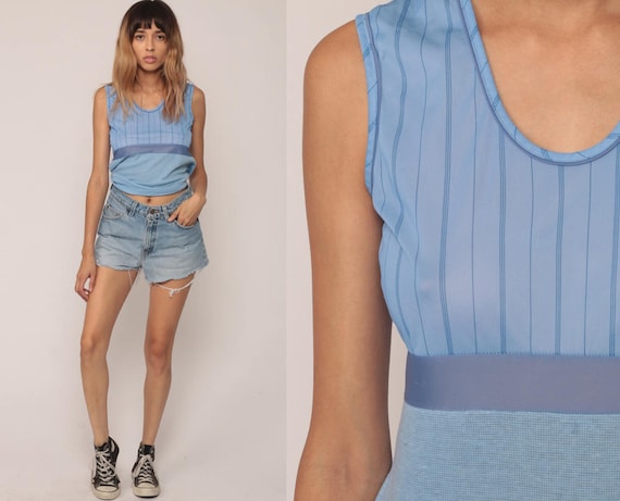 70s Tank Top Blue STRIPED Shirt 80s Retro Top Sleeveless Top Nylon 1980s Hipster Retro Vintage Small