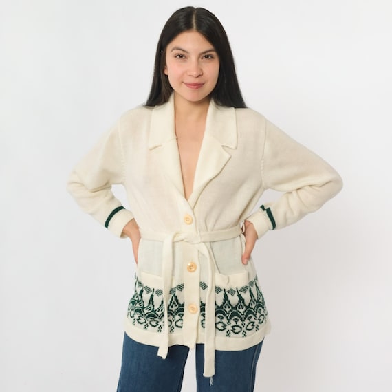 Vintage Cream Knit Cardigan 70s Boho Green Graphic Border Print Tie Waist Long Sleeve Sweater Jacket 1970s Belted Bohemian Medium Large