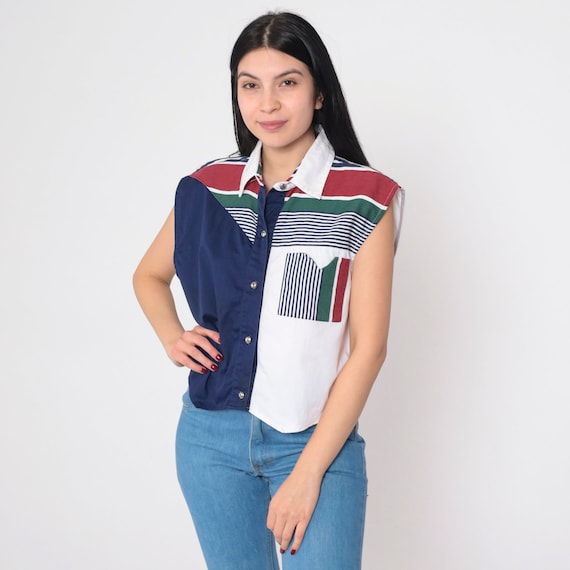 Striped Tank Top 90s Color Block Shirt Button up Sleeveless Blouse White Navy Blue Red Green Chest Pocket Collared Vintage 1990s Large L