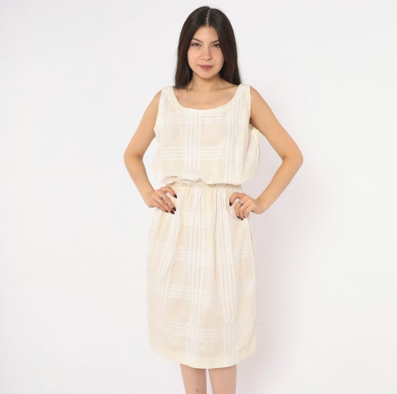 80s Cream Plaid Sundress Sleeveless Scoop Neck Cotton Blouson White Tonal Check Below The Knee Day Dress Neutral Vintage Medium M