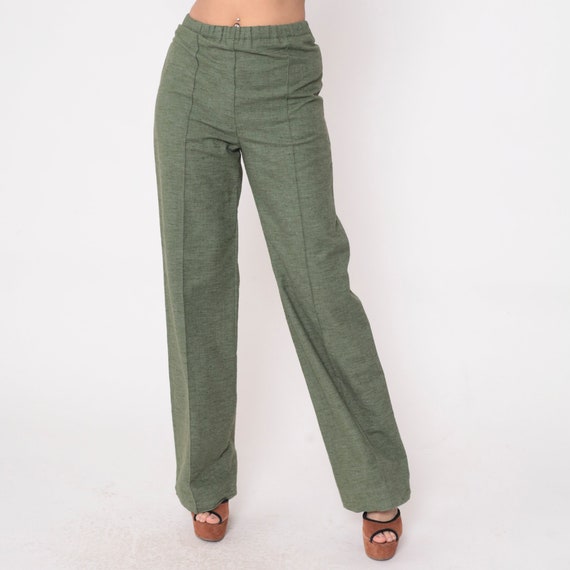 70s Wide Leg Trousers Heathered Green Pants Straight Leg Trousers High Elastic Waist Creased Hippie 1970s Bohemian Vintage Boho Medium