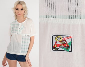 80s Shirt Semi-Sheer White Henley T-Shirt Plaid Lion Car Patch Short Sleeve Button Up Banded Hem Top Sporty Slouchy Vintage 1980s Small S