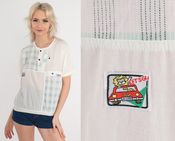 80s Shirt Semi-Sheer White Henley T-Shirt Plaid Lion Car Patch Short Sleeve Button Up Banded Hem Top Sporty Slouchy Vintage 1980s Small S