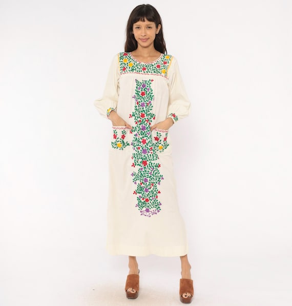 70s Embroidered Mexican Dress Floral Cotton Maxi Long Sleeve Cream Folk Green Red Purple Yellow Ivory Prairie Festival Cottagecore Small S