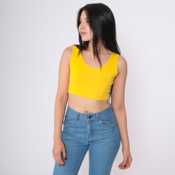 Yellow Tank Top 90s Plain Bodycon Crop Top Retro Scoop Neck Sleeveless Cropped Shirt Tight Fitted Cotton Spandex Vintage 1990s Small xs s