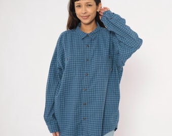 Camisa de franela de algodón a cuadros Patagonia de los años 2000, azul marino, doble pecho, para actividades al aire libre, senderismo, campamento, cuello, estilo grunge, unisex, talla XL.
