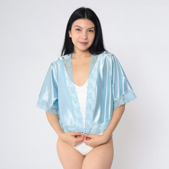 Vintage 80s Satin Bed Jacket Blue Lace Trim Cropped Robe Lingerie Top Open Front Sleep Shirt Lounge 1980s Sleepwear Large XL