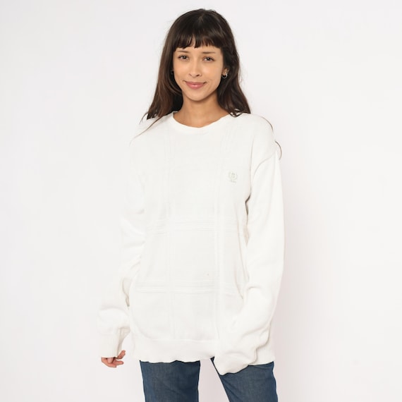 90s Izod Knit Sweater White Cotton Crewneck Windowpane Pattern Pullover Preppy Collegiate Academic Cream Cable Grid Vintage Top Large L