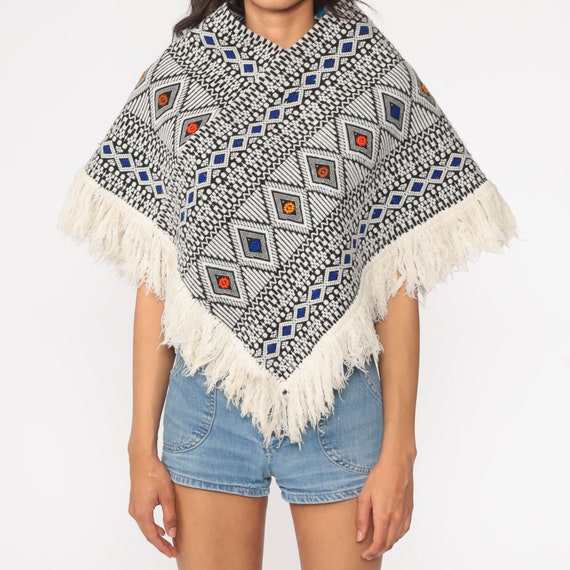 Embroidered Poncho Aztec MEXICAN Shawl FRINGE Cap… - image 6