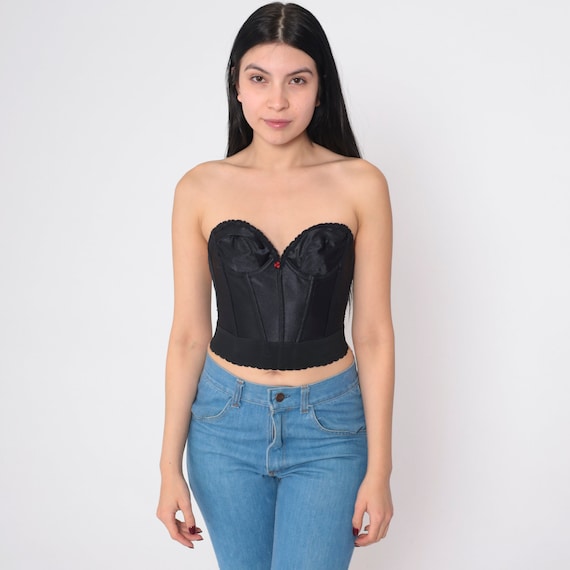 Black Bustier Corset 80s Lingerie Bra Top Boned Strapless Sweetheart Neckline Low Back Rosette Scalloped Vintage 1980s 32B Extra Small xs s