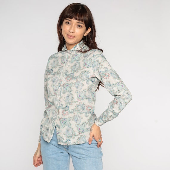 Paisley Blouse 80s Peter Pan Collar Button Up Shi… - image 3