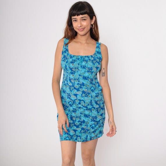 Grunge Mini Dress 90s Tank Fitted Sleeveless Square Neck Rayon Summer Club Party Y2K Festival Rave Dance Boho Vintage Blue Paisley Medium M