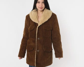 Vintage 70s Corduroy Sherpa Jacket Men's 40 Shearling Jacket Collared Button Up Boho Brown Coat Hippie Jacket 1970s Seventies Medium M