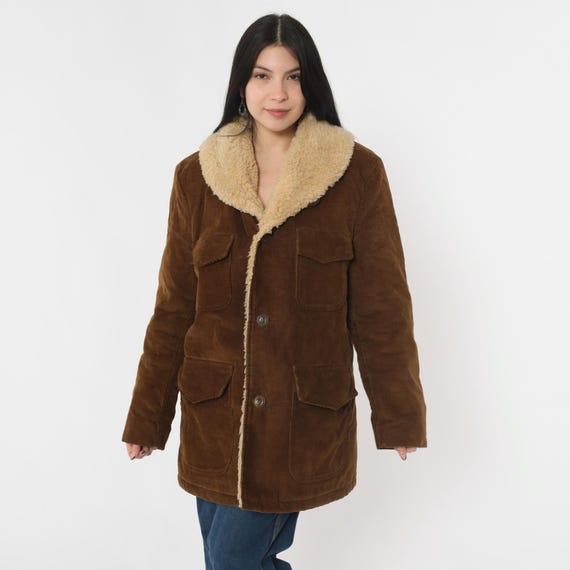 Vintage 70s Corduroy Sherpa Jacket Men's 40 Shearling Jacket Collared Button Up Boho Brown Coat Hippie Jacket 1970s Seventies Medium M