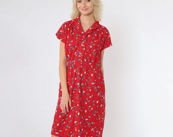 80-talsklänning med konfettimönstrad klänning Röd midiklänning med knappar Vintage 1980-talsklänning med kort ärm och hög midja, sommardagsklänning Small Medium