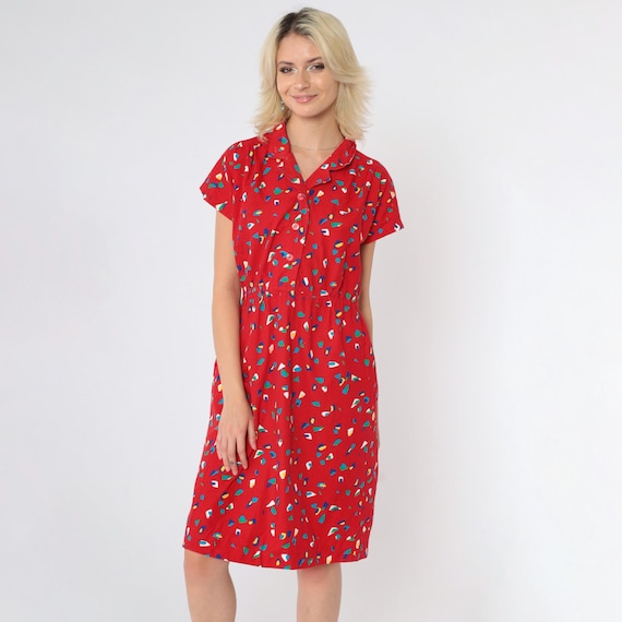 80s Confetti Print Dress Red Midi Button Up Shirtdress Vintage 1980s Cap sleeve High Waisted Summer Day Dress Small Medium