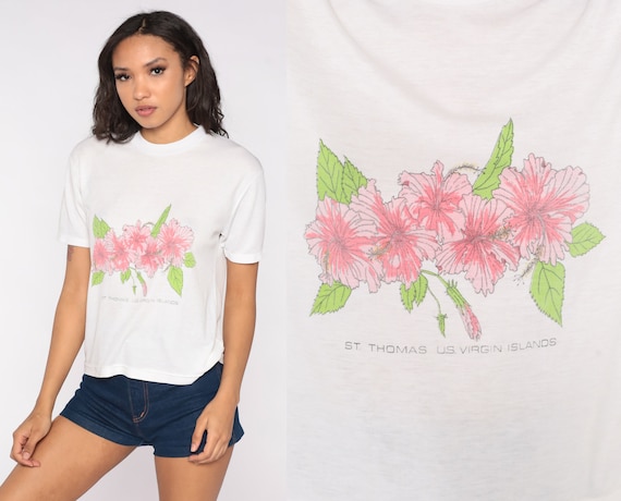 80s St Thomas Shirt Tropical Floral Shirt Virgin Islands Single Stitch TShirt 1980s Vintage Graphic Print Soft White Small S