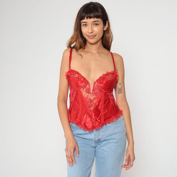 Red Lace Camisole 90s Fredericks Of Hollywood V Neck Spaghetti Strap Lingerie Teddy Vintage Sleepwear Boudoir Romantic Date Night Medium M