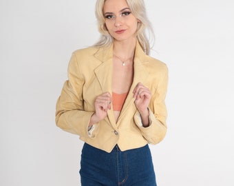 Pioneer Wear Leather Blazer Jacket 80s Western Jacket Cropped Deep V Neck Bohemian 1980s Boho Vintage Sand Yellow Button Up Extra Small xs