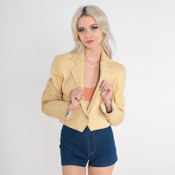 Pioneer Wear Leather Blazer Jacket 80s Western Jacket Cropped Deep V Neck Bohemian 1980s Boho Vintage Sand Yellow Button Up Extra Small xs