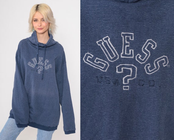 Vintage Guess Jeans Sweatshirt 90s Blue Striped Drawstring Neck Cowl Neck Pullover Sweatshirt Spellout Vintage 1990s Spell Out Large