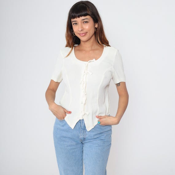 Lace Up Top 90s Cream White Short Sleeve Vintage Boho Festival Cottagecore Romantic Prairie Fairycore Peasant Blouse Summer Style Large L