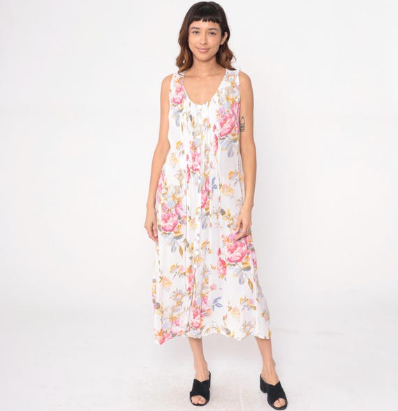 Floral Summer Dress 90s White Pink Yellow V Neck Cottagecore Fairycore Garden Party Spring Easter Vintage Flowing Romantic Large L