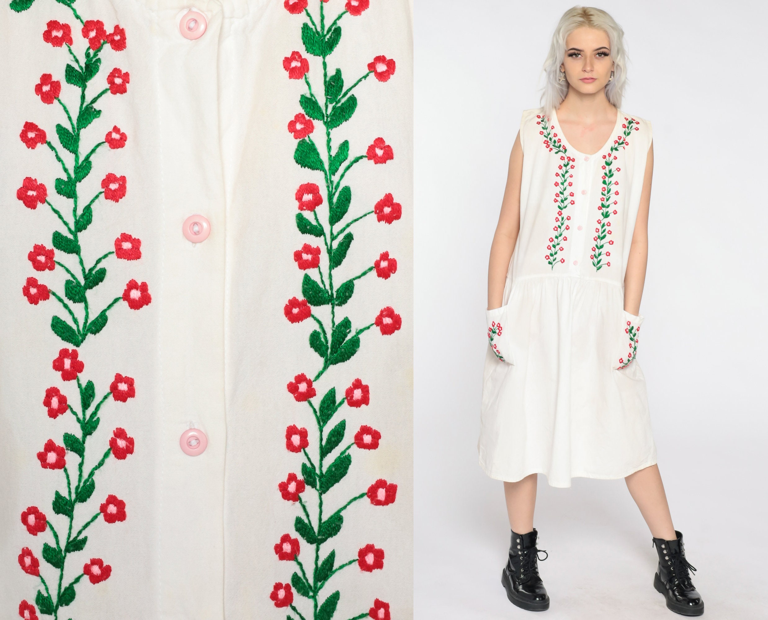 ShopExile Embroidered Jumper Dress Button Up Dress Floral Sundress 80s Summer Dress Boho Sun Midi Dress 1980s Cotton Pocket Sleeveless White Medium