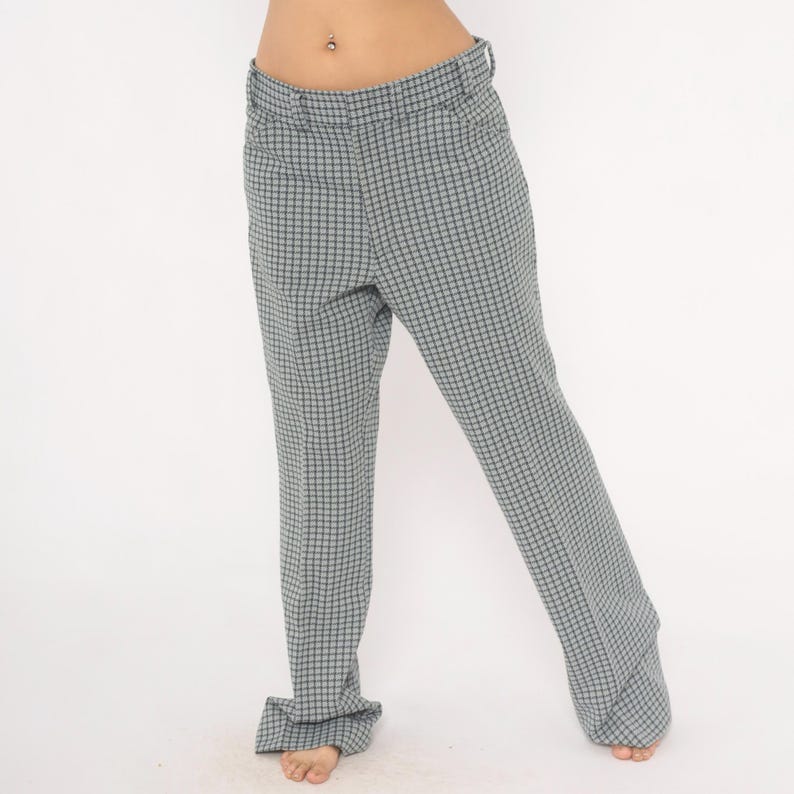 Houndstooth 70s Trousers Blue Grey Checkered Straight Leg Pants Side ...