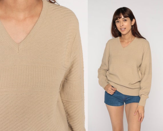 Beige Sweater 80s V Neck Textured Knit Sweater Slouchy Preppy Tan Pullover Jumper 90s Vintage Retro Nerd Plain Normcore Medium