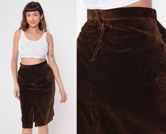 Brown Velvet Skirt 70s Mini High Waist Skirt MiniSkirt Seventies A-Line Party High Waisted Boho Vintage 1970s Boho Retro Bohemian Small 4
