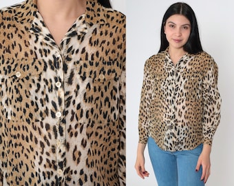 Leopard Print Blouse 90s Semi-Sheer Animal Print Button Up Shirt Long Sleeve Top Retro Cheetah Spot Top Vintage 1990s Small 4