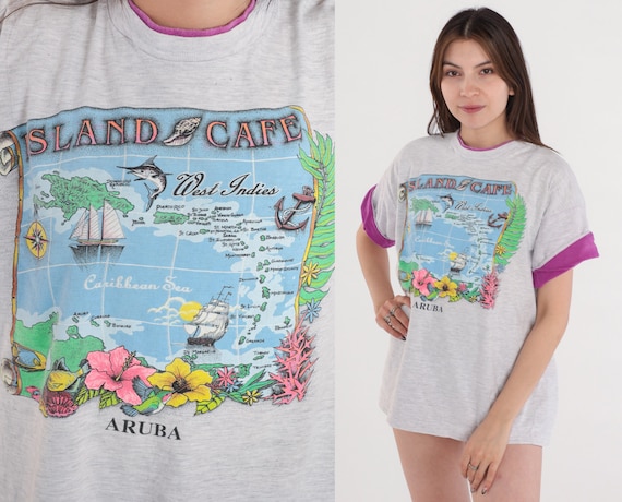 Aruba T-Shirt 90s Caribbean Islands Shirt Island Cafe Graphic Tee Restaurant TShirt Travel Tourist Purple Cuffed Sleeve Vintage 1990s Large