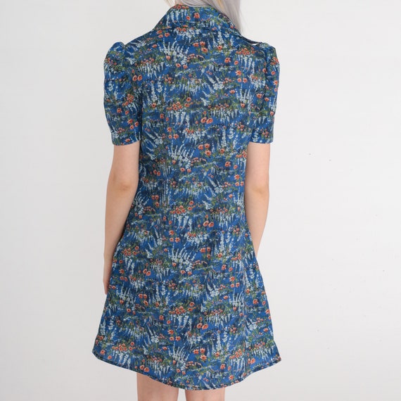 70s Floral Dress Blue Mini Dress Puff Sleeve Coll… - image 7